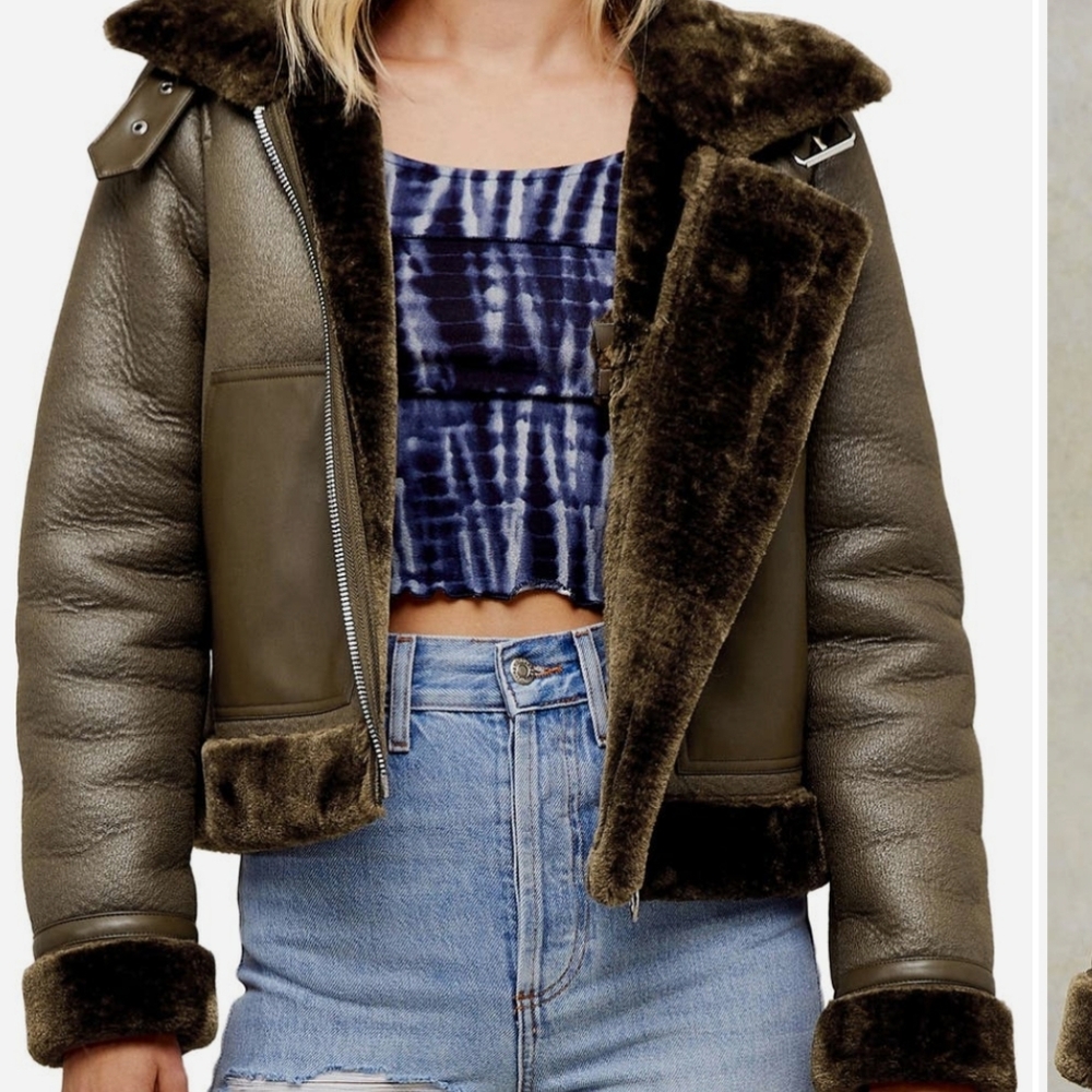 Topshop AMIE Sherling Biker Faux Fur Crop JACKET